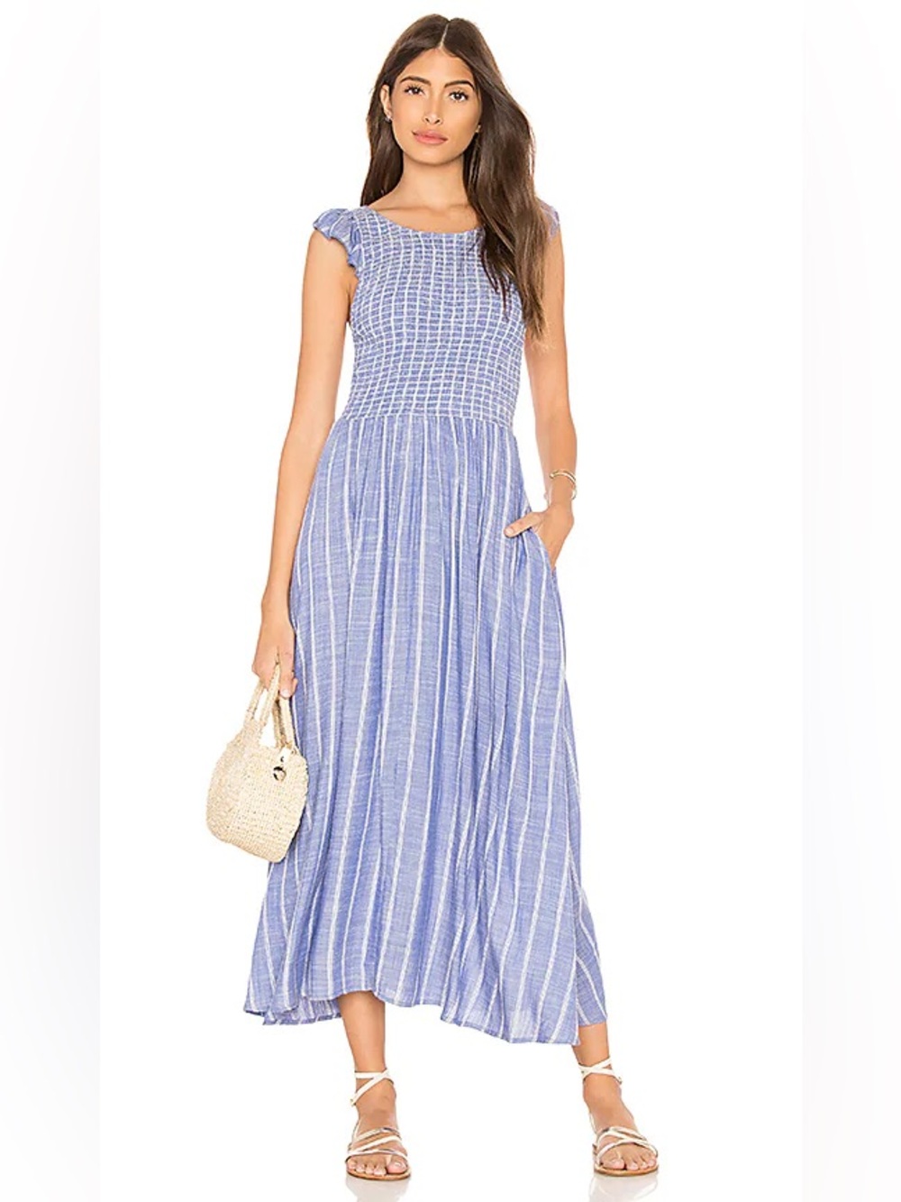 FREE PEOPLE Chambray Butterflies Midi Dress in Blue Size Large